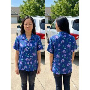 Studio JPR Silk Floral Button Up Shirt Small Blue & Lavender Vintage S/S